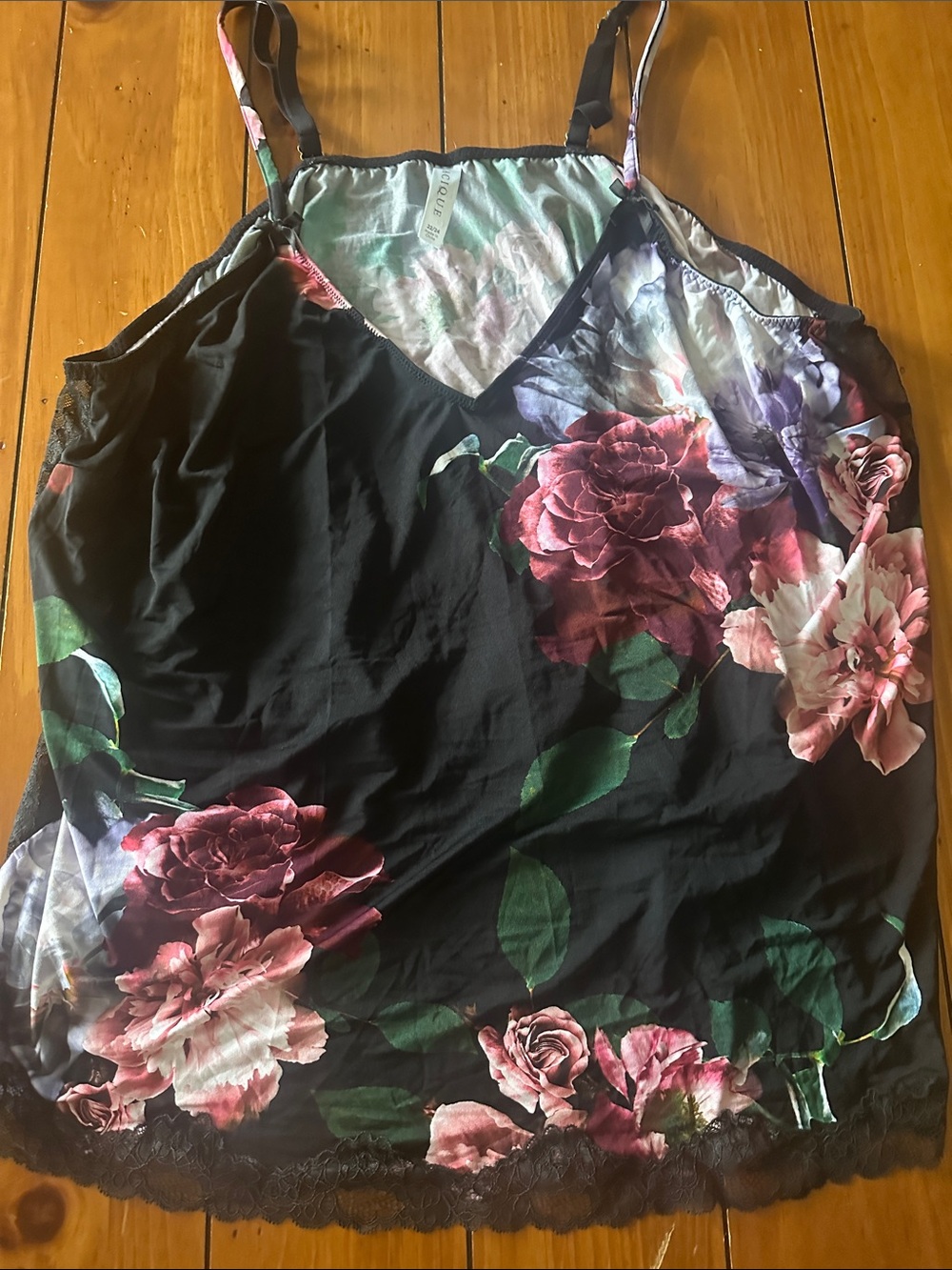 Cacique Black Floral Lace-Trim Camisole with Pink Roses
